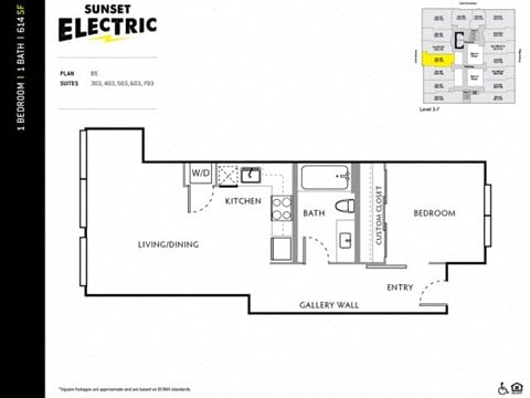 Floor plan for 1 bed, 1 bath, 614 sqft